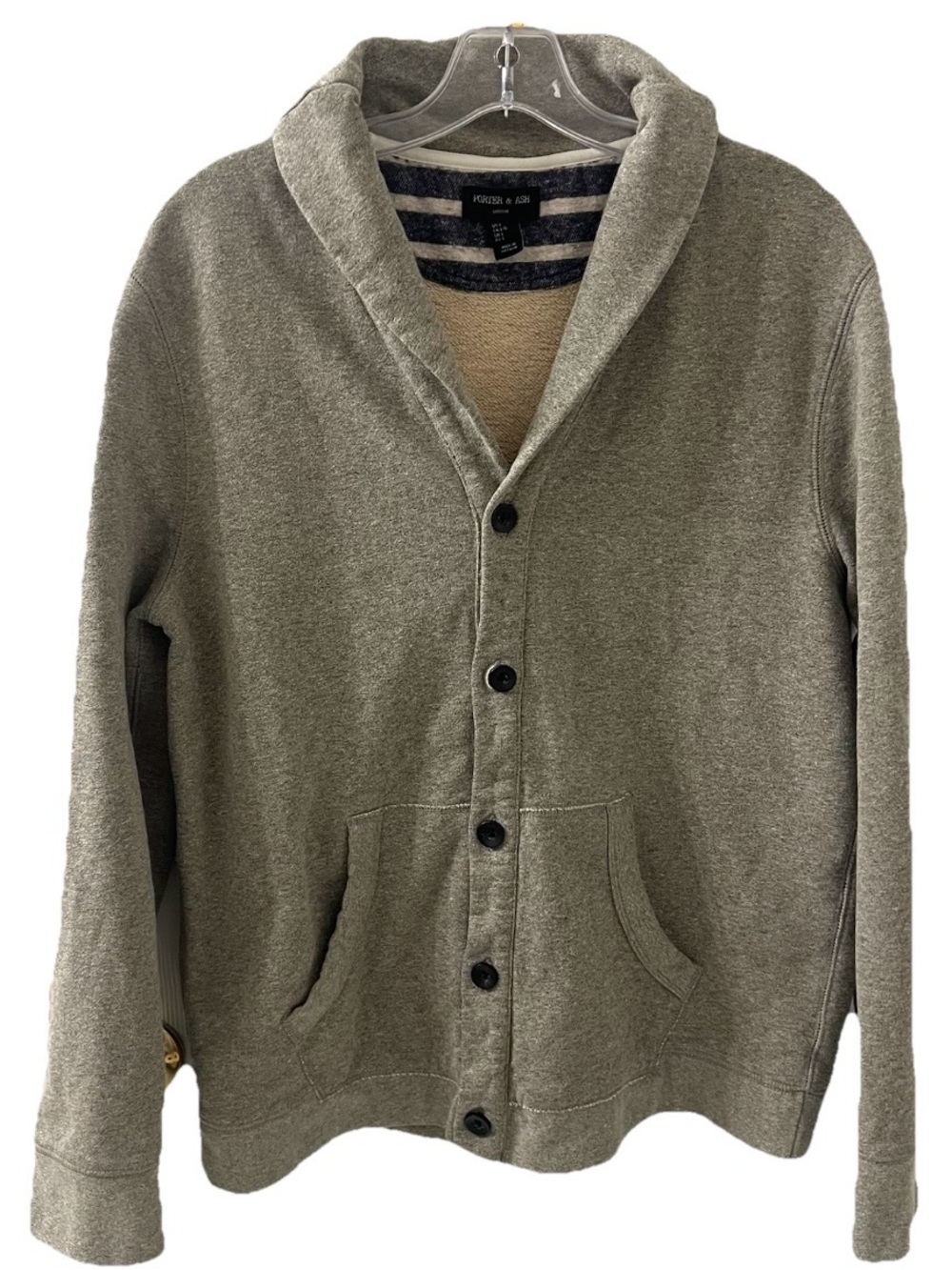 Porter & Ash London Men’s Shawl Collar Kangaroo Pocket Button Front Sweatshirt L